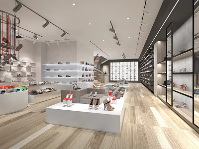 Shoe Store Interior with Shelves Display Tables Various Shoes Modern Lighting and Wooden Flooring 3d model