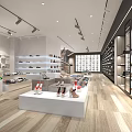 Shoe Store Interior with Shelves Display Tables Various Shoes Modern Lighting and Wooden Flooring