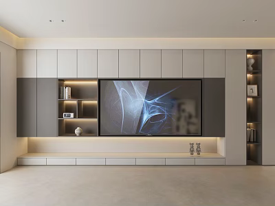 Modern TV Wall Design With Gray White Cabinets Open Shelves And LED Strip Lights 3d model