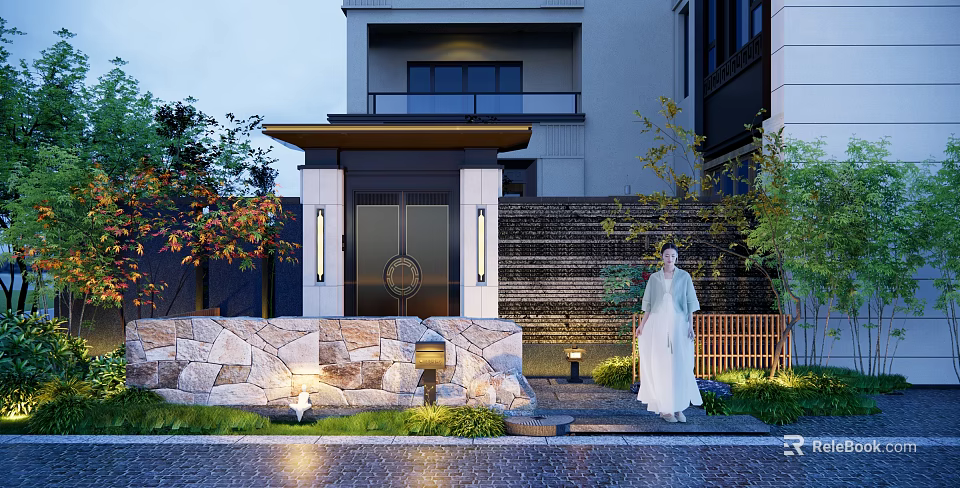 Traditional Chinese Garden Landscape With Stone Wall Porch Lanterns And Green Plants 3d model 