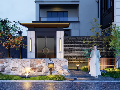 Traditional Chinese Garden Landscape With Stone Wall Porch Lanterns And Green Plants 3d model