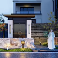 Traditional Chinese Garden Landscape With Stone Wall Porch Lanterns And Green Plants