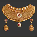 Golden Necklace and Earrings Featuring Red Gemstones Small White Gemstones Teardrop Pendant on Black Background