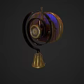 Vintage Wooden Circular Household Item With Decorative Gold Bell And Metal Accents