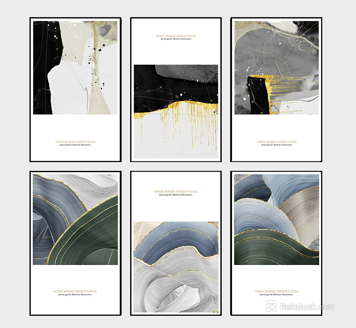 Abstract Paintings With Flowing Lines Gold Accents And Colorful Textures For Home Wall Decor 3d model 