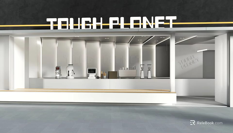 Tough Planet Cafe Modern Interior With White Walls Open Counter And Coffee Machines 3d model 