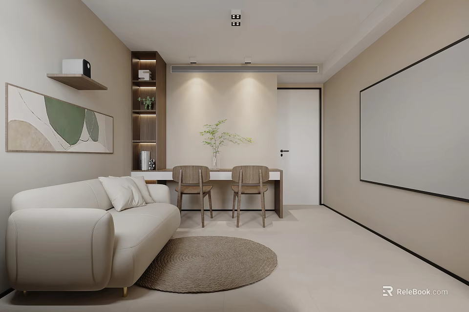 Minimalist Living Room With Light Sofa Round Rug Bookshelf Small Table Chairs And Decorative Painting 3d model 