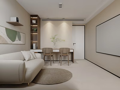 Minimalist Living Room With Light Sofa Round Rug Bookshelf Small Table Chairs And Decorative Painting 3d model