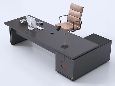 Modern Black Office Desk And Brown Chair With Computer Monitor Keyboard Microphone 3d model