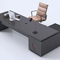 Modern Black Office Desk And Brown Chair With Computer Monitor Keyboard Microphone