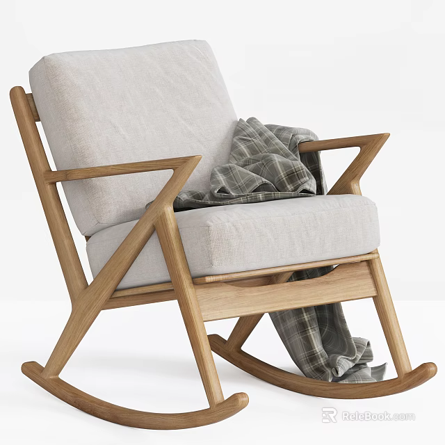 Comfortable Wooden Frame Rocking Chair With Light Colored Cushion And Plaid Blanket 3d model 