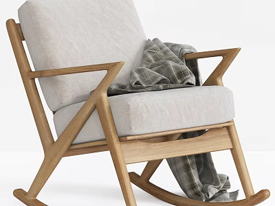 Comfortable Wooden Frame Rocking Chair With Light Colored Cushion And Plaid Blanket 3d model