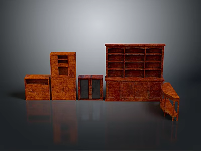 Various Wooden Furniture Pieces Including Bookshelf Cabinet And Display Stand Set 3d model