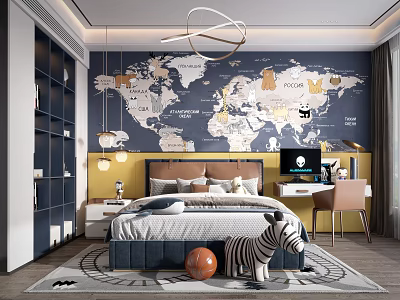 Kids Room With World Map Wall Bed Desk Zebra Toy Bookshelf And Blue Yellow Walls 3d model