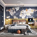 Kids Room With World Map Wall Bed Desk Zebra Toy Bookshelf And Blue Yellow Walls