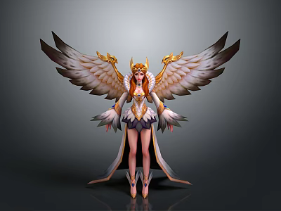 Decorative Angel Figurine With Golden Wings Red Hair And Elegant Attire 3d model