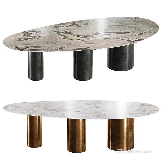 Oval Marble Top Dining Table With Black And Gold Cylindrical Legs 3d model 