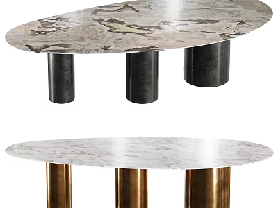 Oval Marble Top Dining Table With Black And Gold Cylindrical Legs 3d model