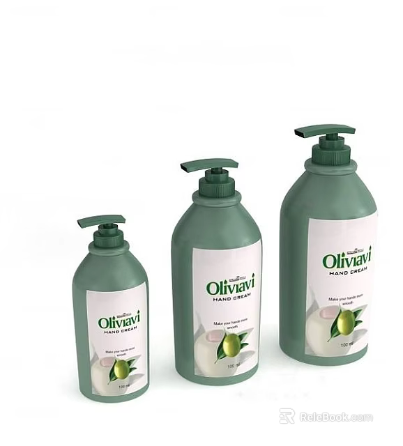 Olivani Natural Olive Body Care Products In Green Bottles With Different Sizes 3d model 