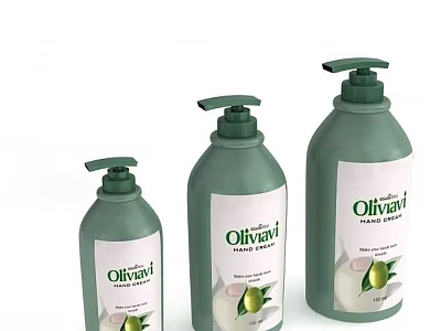 Olivani Natural Olive Body Care Products In Green Bottles With Different Sizes 3d model