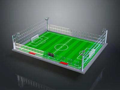 Detailed Miniature Soccer Field Model With Green Turf Fence Goalposts And Lighting 3d model