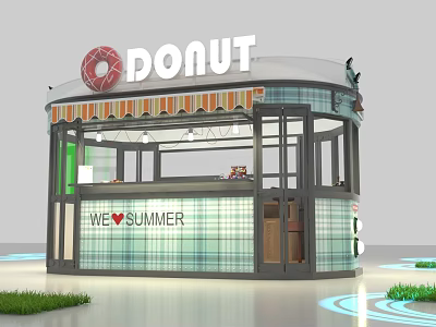 Outdoor Donut Kiosk Featuring Striped Awning WE LOVE SUMMER Sign And Green Decor 3d model