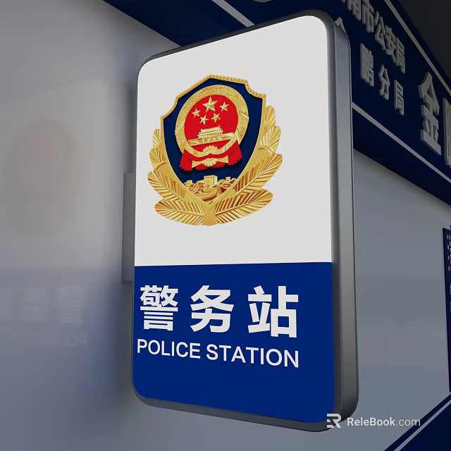Police Station Billboard Featuring Official Badge Stars And Safety Elements 3d model 