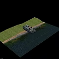 Camouflage Yacht With Black Hull Orange Lifebuoy Side Propellers And Cabin Windows