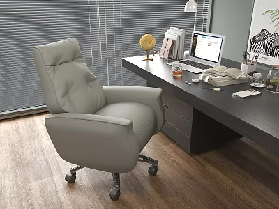 Gray Leather Office Chair With Roller Wheels In Home Workspace Desk Laptop Wooden Floor 3d model