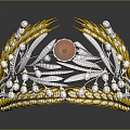 Elegant Ornate Crown With Golden Wheat Orange Gemstone And Silver Leaves Decorated With Diamonds