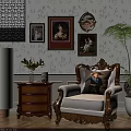 Vintage Carved Wooden Armchair with Cream Upholstery Decorative Pillow and Framed Paintings on Patterned Wallpaper
