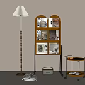 Minimalist Wooden Display Shelf With Multiple Compartments Books And Floor Lamp On Beige Wall