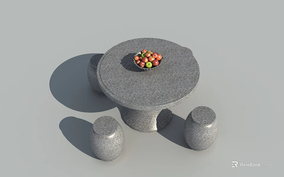 Round Gray Stone Outdoor Table with Bowl of Fruits and Matching Stools 3d model 