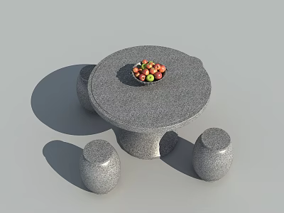 Round Gray Stone Outdoor Table with Bowl of Fruits and Matching Stools 3d model