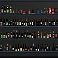 Different Kinds of Colorful Wine Bottles and Glasses Neatly Arranged on Multiple Layer Shelves