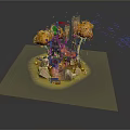 Fantasy Island Scene With Tower Red Flag Yellow Trees And Stones