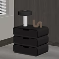 Modern Black Nightstand With Three Drawers Table Lamp And Wooden U Shaped Decor