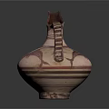 Ancient Earthenware Jug With Dolphin Motif Pink Red Patterns Curved Spout And Decorative Handle