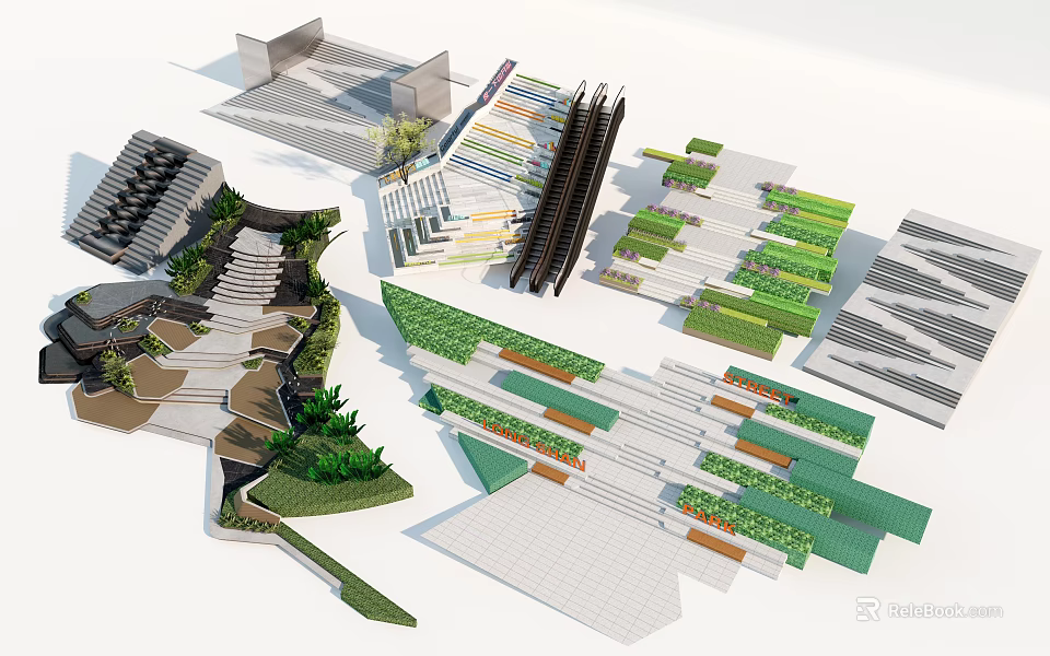 Park Landscape Design Featuring Pathways Green Terraces Steps And Varied Layouts 3d model