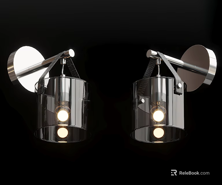 Pair of Modern Chrome Wall Lamps with Transparent Glass Shades and Illuminated Bulbs 3d model 