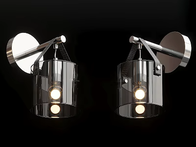 Pair of Modern Chrome Wall Lamps with Transparent Glass Shades and Illuminated Bulbs 3d model