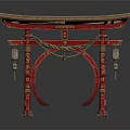 Traditional Red Torii Gate Decor With Wooden Top Rope And Bells