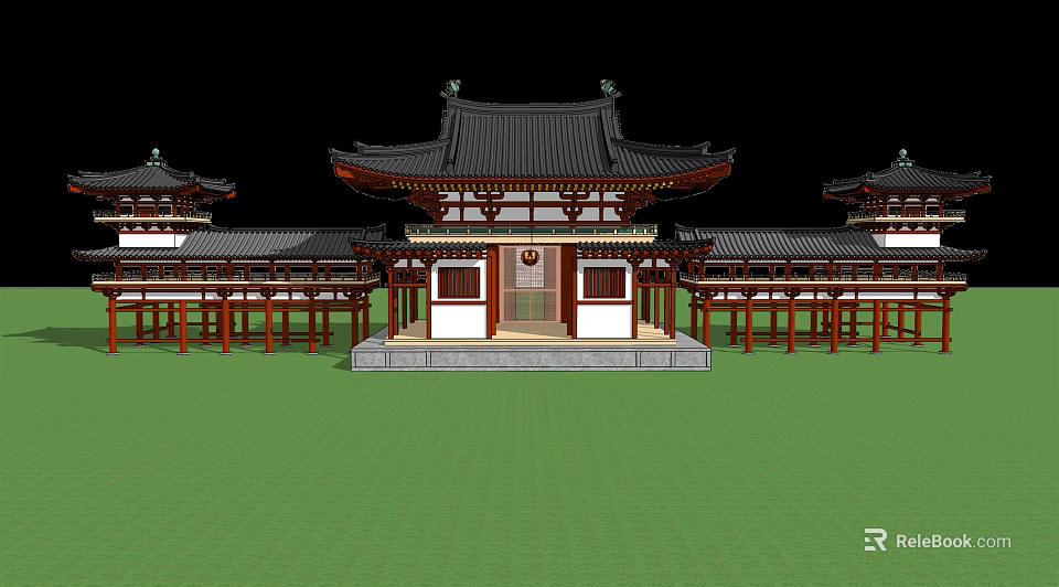 Traditional Chinese Garden Landscape With Pagoda Style Roofs And Symmetrical Wooden Structures 3d model 