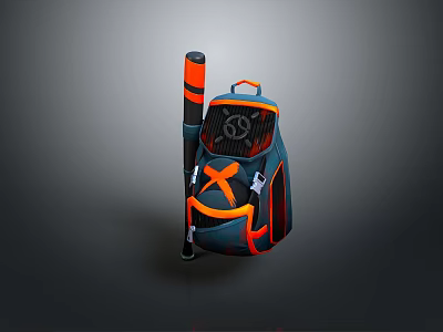 Stylish Dark Blue and Orange Backpack with X Shaped Design and Black Orange Baseball Bat 3d model