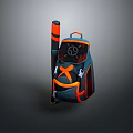 Stylish Dark Blue and Orange Backpack with X Shaped Design and Black Orange Baseball Bat
