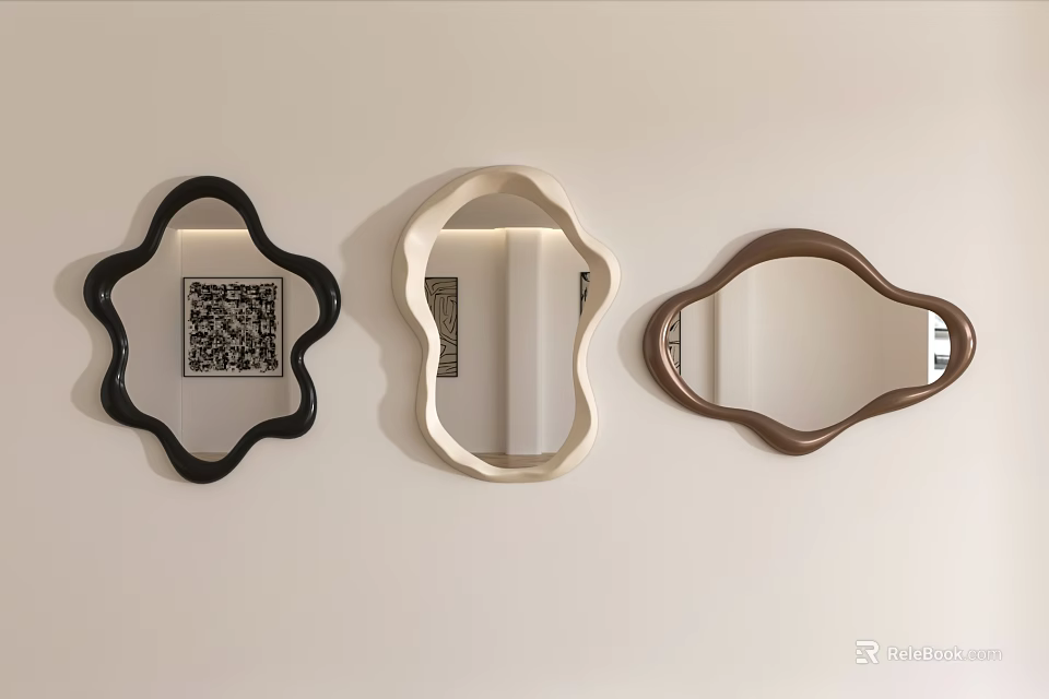Three Abstract Shaped Decorative Mirrors in Black Beige and Brown Hanging on White Wall 3d model 