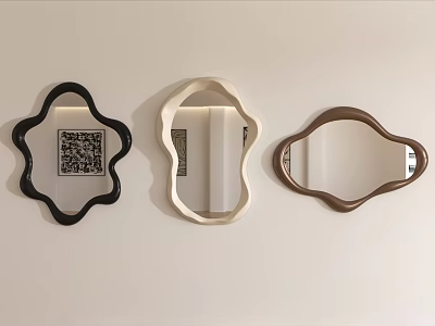 Three Abstract Shaped Decorative Mirrors in Black Beige and Brown Hanging on White Wall 3d model