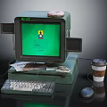 Vintage Computer Setup With Green Screen Keyboard Mouse Coffee Cup And Papers 3d model
