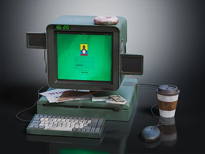 Vintage Computer Setup With Green Screen Keyboard Mouse Coffee Cup And Papers 3d model