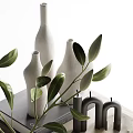 Decorative Ornament Set With Green Leaves Transparent Vases Candles Sphere Decor And Books